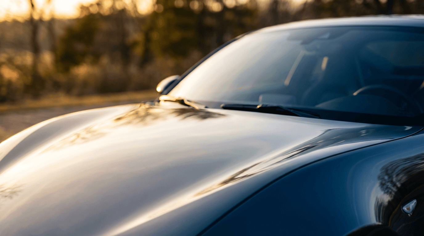 Polished vehicle hood catching golden sunlight with blurred landscape background.